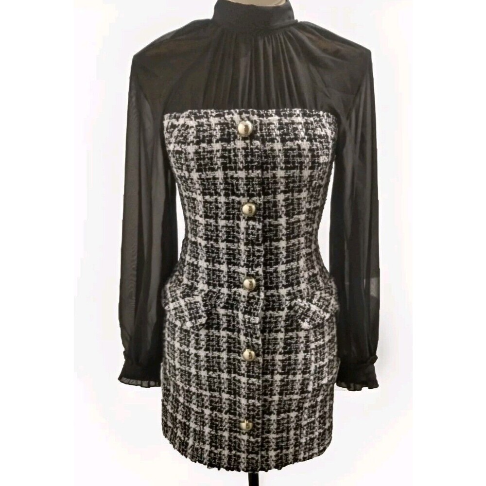 Zara Women Black White Sheer Contrast‎ Gold Button Faux Pocket Knit Dess Size XS